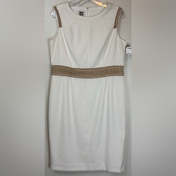 NEW Anne Klein White Textured Sleeveless Tan Lace Trim Career Dress size 12 1004 - Picture 1 of 8